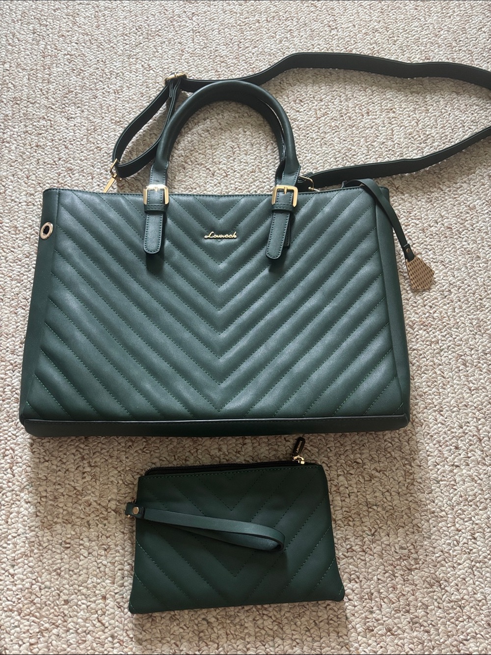 LOVEVOOK 2-Piece Quilted Faux Leather Laptop Tote & Wristlet Set – Dark Green